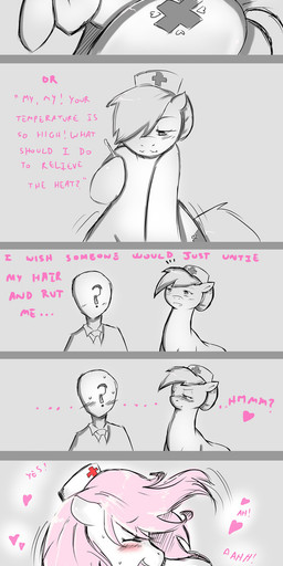 bestiality blush bodily_fluids cowgirl_position cutie_mark dialogue duo female female_on_human female_on_top female_penetrated feral feral_penetrated flirting from_front_position hair_down half-closed_eyes happy happy_sex heart_symbol human_on_feral human_penetrating human_penetrating_feral interspecies male male/female male_on_bottom male_on_feral male_penetrating male_penetrating_female narrowed_eyes on_bottom on_top open_mouth penetration quadruped saliva sex smile straddling sweat tail text yelling cold-blooded-twilight friendship_is_magic hasbro my_little_pony anon nurse_redheart_(mlp) earth_pony equid equine horse human mammal pony comic english_text hi_res monochrome