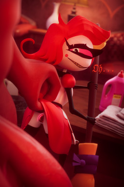1_eye big_penis butt buttplug cleaning_tool clothed clothing clothing_lift dialogue duo eyelashes female genitals holding_cleaning_tool holding_object looking_back maid_uniform male male/female not_furry penis plug_(sex_toy) red_body sex_toy size_difference smile teeth uniform white_body parllyx hazbin_hotel hellaverse niffty_(hazbin_hotel) cyclops demon humanoid 2:3 3d_(artwork) absurd_res blender_(artwork) digital_media_(artwork) hi_res