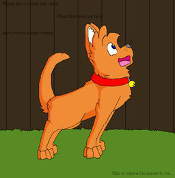 ambiguous_gender bell bell_collar blue_eyes collar detailed_background digitigrade eyebrows fence feral fur grass grey_nose head_tuft inner_ear_fluff lyrics open_mouth open_smile orange_body orange_fur paws pink_tongue plant raised_tail red_collar smile snout solo standing tail text tongue tuft white_inner_ear_fluff sebdoggo disney disney's_hercules warriors_(book_series) firestar_(warriors) domestic_cat felid feline felis mammal 2009 aliasing cel_shading digital_drawing_(artwork) digital_media_(artwork) english_text microsoft_paint_(artwork) shaded male_(lore)