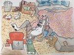 anthro balls erection fur genitals grey_body grey_fur hair male messy_room nude penis pink_hair solo beebeepbop_(artist) ambrose_stark hyena mammal spotted_hyena