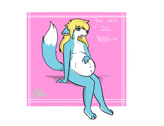 ambiguous_gender anthro belly belly_overhang belly_rub big_belly blonde_hair blue_body blue_fur blush bodily_fluids dialogue diego_the_fox_(scrungo) drooling duo fur hair hand_on_belly heart_pupils heart_symbol long_hair navel overweight patting_belly saliva sitting solo speech_bubble squirming tongue tongue_out vore tumbeetle canid canine fox mammal true_fox