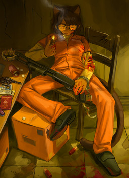4_ears ashtray black_clothing black_footwear black_shoes blood bodily_fluids box brown_hair brown_tail cardboard cardboard_box chair cigarette cigarette_in_mouth clothing container cuff_(restraint) drugs eyewear female fire footwear furniture glasses gun hair handcuffs handgun holding_lighter holding_object human_and_animal_ears id_card jumpsuit lighter metal_cuffs multi_ear object_in_mouth one_eye_closed orange_clothing orange_jumpsuit passport pill_bottle pills prison_uniform ranged_weapon restraints revolver shell_(projectile) shoes shotgun shotgun_shell sitting smoke smoking smoking_cigarette solo tail torn_clothing weapon wearing_glasses wounded vodnik coco_(polilla) animal_humanoid cat_humanoid felid felid_humanoid feline feline_humanoid humanoid mammal mammal_humanoid absurd_res hi_res