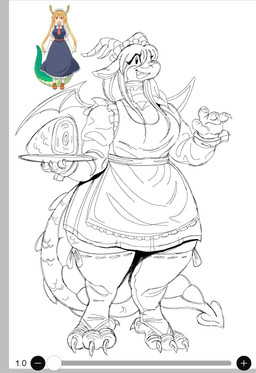 4_claws 4_fingers 4_toes alternate_species anthro back_wings bangs big_breasts big_tail breasts choker claws cleavage clothed clothing contiguous_snout curled_fingers dress eye_through_hair eyelashes feet female finger_claws fingers floppy_ears food frilly frilly_clothing furrification hair ham holding_object holding_plate jewelry lace_choker legwear long_hair long_sleeves maid_uniform meat membrane_(anatomy) membranous_wings necklace non-mammal_hair one_fang open_mouth open_smile plate pork puffy_sleeves raised_hand rounded_snout scales simple_background smile solo spade_tail spiked_tail spikes spikes_(anatomy) stitch_(sewing) tail talons thick_tail thick_thighs thigh_highs three-quarter_view toe_claws toes translucent translucent_hair uniform ventral_scales white_background wide_hips wings wolfertinger miss_kobayashi's_dragon_maid mythology tohru_(dragon_maid) dragon mythological_creature mythological_scalie scalie 2024 black_and_white full-length_portrait hi_res monochrome portrait sketch unfinished