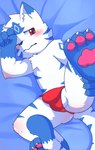 3_toes 4_fingers anthro asian_clothing balls bed blush clothed clothing east_asian_clothing feet fingers fundoshi fundoshi_only furniture genitals holding_own_leg japanese_clothing lying lying_on_bed male neck_tuft on_bed on_front one_eye_closed one_eye_half-closed pawpads raised_leg red_clothing red_eyes red_fundoshi red_underwear solo tail tenting toes topless tuft underwear underwear_only young young_anthro young_male kake0078 yuuto_(shinotorayuto) felid mammal pantherine tiger hi_res