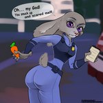 1:1 2024 anthro artist_name big_butt breasts butt carrot_pen clothed clothing dialogue disney european_rabbit female furrawin hi_res judy_hopps lagomorph leporid looking_at_viewer looking_back looking_back_at_viewer mammal note_pad oh_my_god oryctolagus pink_nose purple_eyes rabbit scut_tail short_tail solo speech_bubble tail text tight_clothing zootopia