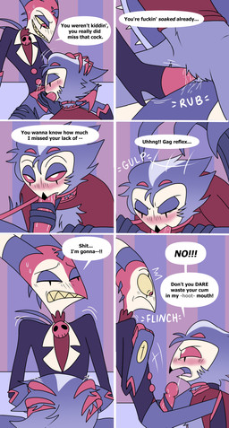 4_eyes 4_fingers animal_genitalia anthro back_spines beak beak_fetish beak_play beak_sex beakjob between_legs black_beak blush bodily_fluids boots bottomwear canon_couple chair chest_tuft cleavage_cutout clenched_teeth cloaca cloaca_juice clothed clothing coat cutout deep_throat desk dialogue erection eye_contact eyebrows eyes_closed feather_hair feather_tuft feathers fellatio fingerless_gloves fingers flinch footwear frown furniture genital_fluids genitals gloves glowing_pupils grey_body grey_feathers gulp_(sound_effect) half-closed_eyes hand_on_head hand_on_penis handwear hoot_(sound_effect) horn humanoid_on_anthro inside keyhole_turtleneck leaning leaning_forward looking_at_another male male/male markings mouth_closed multi_eye multicolored_body narrowed_eyes office office_chair on_chair on_table onomatopoeia open_bottomwear open_clothing open_mouth open_pants oral oral_only oral_penetration orgasm_denial pants penetration penile penis penis_in_mouth profanity pseudo_hair red_body red_eyes red_penis red_sclera saliva saliva_on_face saliva_on_penis saliva_string sex sharp_teeth shoes sitting sitting_on_chair sitting_on_table slurping sound_effects spade_tail speech_bubble spines spread_legs spreading striped_horn striped_markings striped_tail stripes swallowing sweat sweatdrop sweater table tail tail_coil tail_feathers tail_markings talon_hands teeth text topwear tuft turtleneck wallpaper_(decoration) wide_eyed yelling yellow_sclera yellow_teeth kiaxian2 hellaverse helluva_boss blitzo_(helluva_boss) stolas_(helluva_boss) avian bird demon demon_humanoid horned_humanoid humanoid imp owl owl_demon absurd_res artist_name comic english_text hi_res watermark