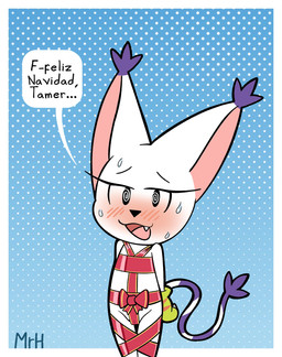 anthro blush camel_toe claws clothing dialogue eyelashes female fur gift gloves handwear looking_at_viewer open_mouth person_as_gift person_present restraints smile solo tail text white_body white_fur mr_harinezumi bandai_namco digimon bianc_(el_senor_erizo) digimon_(species) felid feline gatomon mammal absurd_res hi_res spanish_text