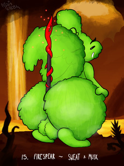 anthro backsack balls between_buttocks big_balls big_butt biped bodily_fluids butt embers eyelashes eyes_closed fluffy fluffy_balls fluffy_ears fur genitals green_body green_fur huge_butt lava looking_at_viewer looking_back male melee_weapon musk musky_butt object_between_cheeks open_mouth polearm raised_tail rear_view solo spear sweat sweaty_butt tail weapon pincoosh rain_world videocult saint_(rain_world) slugcat absurd_res digital_media_(artwork) hi_res signature