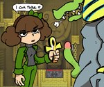 ankh anthro duo female genitals green_penis human_focus male male/female not_furry_focus penis solo_focus speech_bubble text stu_(artist) spelunky_2 liz_mutton crocodilian human mammal reptile scalie