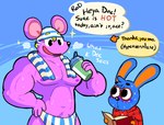 anthro blonde_hair blue_body blue_fur bodily_fluids brush bulge clothing duo fur hair male muscular muscular_male nipples pecs purple_body purple_fur sweat sweatdrop text towel underwear pokonuki animal_crossing nintendo doc_(animal_crossing) rod_(animal_crossing) lagomorph leporid mammal murid murine rabbit rat rodent