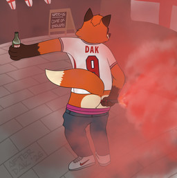 alcohol anthro beer beer_bottle beverage bottle bunting_(banner) butt chalkboard clothed clothing container england eyewear flag flag_(object) flare_(object) glasses holding_object male name_on_jersey number_on_clothing number_on_jersey number_on_topwear number_print object_insertion sign smoke_cloud soccer soccer_jersey solo sport tail afterdak dak_(afterdak) canid canine fox mammal red_fox true_fox digital_media_(artwork) hi_res