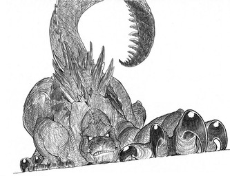 ambiguous_gender claws feral looking_at_viewer pose raised_tail simple_background solo spines tail teeth white_background ricardo_delgado godzilla_(series) toho godzilla portrait