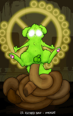 anthro anus balls darkened_genitalia excessive_feces facial_markings feces feces_pile fluffy fluffy_chest fluffy_ears fluffy_tail forehead_markings genitals glowing glowing_eyes green_body head_markings hyper hyper_feces levitation male male_pooping markings navel penis pooping_on_floor scatplay solo tail pincoosh rain_world videocult saint_(rain_world) slugcat 2026 absurd_res digital_media_(artwork) hi_res signature
