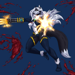 amber_eyes anthro black_body black_nose black_tail blood bodily_fluids boots clothing dipstick_tail female footwear gatling_gun gun gun_arm hair high_heeled_boots high_heels legwear long_hair machine_gun markings minigun multicolored_body plantigrade pointy_ears ranged_weapon shoes smile smirk solo tail tail_markings thigh_boots thigh_highs topwear two_tone_body underwear weapon weapon_arm white_body white_hair white_markings white_tail_tip wirwik lena_the_jackal canid canine canis jackal mammal 1:1 alpha_channel hi_res