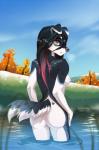2019 anthro ashsky black_body black_fur black_hair black_nose breasts canid canine canis cold day detailed_background digital_media_(artwork) domestic_dog facial_piercing female fur genitals hair hi_res mammal nature nipples nude orange_eyes outside piercing plant pussy sky solo standing tattoo tree water white_body white_fur