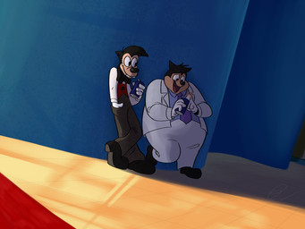 4_fingers anthro arms_bent bent_leg black_body black_bow_tie black_clothing black_eyes black_footwear black_fur black_hair black_nose black_shoes blue_dress_shirt bottomwear bow_tie buckteeth button_(fastener) can closed_smile clothed clothed_anthro clothed_male clothing container crossed_legs duo fingers floppy_ears footwear fully_clothed fully_clothed_anthro fully_clothed_male fur gloves hair hand_in_pocket handwear holding_can holding_container holding_object inside larger_anthro larger_male leaning_on_wall light lop_ears male male_anthro mouth_closed multicolored_body necktie no_pupils obese obese_anthro obese_male open_mouth open_smile open_suit overweight overweight_anthro overweight_male pants pockets purple_necktie red_carpet red_clothing red_tongue red_topwear red_vest shoes short_hair size_difference smaller_anthro smaller_male smile smiling_at_another suit tan_body tan_skin teeth tongue topwear two_tone_body vest white_bottomwear white_clothing white_gloves white_handwear white_pants white_suit insert-thenewbl-here disney disney's_house_of_mouse goof_troop max_goof pj_(goof_troop) canid canine canis domestic_cat domestic_dog felid feline felis mammal 2025 4:3 colored digital_drawing_(artwork) digital_media_(artwork) english_description hi_res lighting shaded