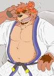 anthro bodily_fluids brown_body brown_fur clothed clothing cute_fangs eyes_closed fangs fur humanoid_hands kemono male navel overweight overweight_anthro overweight_male solo sweat teeth shou_000 sengoku_puzzle saigou_shirou bear mammal 2021 hi_res