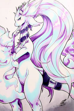 anthro blue_eyes blush blush_lines breasts claws eyelashes featureless_crotch female fur hair navel solo tail white_body white_fur white_hair 025aki nintendo pokemon generation_5_pokemon legendary_pokemon pokemon_(species) reshiram 2026 absurd_res dated hi_res signature