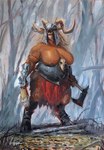 4_horns anthro areola axe beard big_breasts blonde_hair blood blood_on_axe blood_on_weapon bodily_fluids bone bottomwear breasts clothing curled_horn digitigrade facial_hair female furgonomics furry-specific_piercing hair holding_axe holding_object holding_severed_head holding_weapon hooves horn horn_piercing loincloth multi_horn nipples piercing severed_body_part severed_head skull standing weapon emberwick warhammer_(franchise) warhammer_fantasy hi_res signature