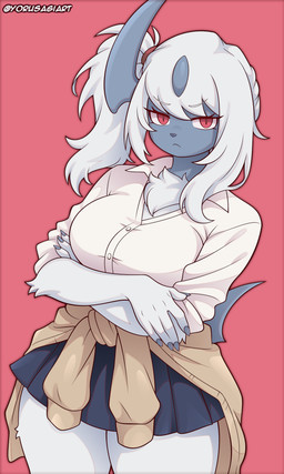 anthro biped bottomwear breasts claws clothed clothed_anthro clothed_female clothing female fingers front_view fully_clothed fully_clothed_anthro fully_clothed_female fur hair horn looking_at_viewer solo standing tail topwear yorusagi nintendo pokemon absol generation_3_pokemon pokemon_(species) 2026 3:5 digital_drawing_(artwork) digital_media_(artwork) hi_res