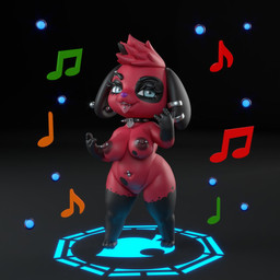 anthro areola big_breasts black_background black_body black_fur blue_eyes breasts collar collar_only ear_piercing eyebrow_piercing eyelashes facial_markings facial_piercing feet female floppy_ears front_view fur genitals gesture gloves_(marking) gradient_background grey_background head_markings head_tuft leg_markings lop_ears markings musical_note musical_symbol navel navel_piercing nipple_piercing nipples nude piercing purple_nose red_areola red_body red_fur red_nipples simple_background socks_(marking) solo spiked_collar spikes symbol thick_thighs tongue tongue_out tongue_piercing tuft vulva wide_hips general_buta animal_crossing nintendo cherry_(animal_crossing) canid canine canis domestic_dog mammal 1:1 3d_(artwork) digital_media_(artwork)