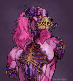 ambiguous_gender amputated_limb anthro blood bodily_fluids bone exposed_bone exposed_brain exposed_rib_cage fur gore horizontal_pupils missing_arm pink_body pink_fur pupils solo unusual_blood unusual_bodily_fluids kolkolukija arthropod insect larva maggot springer_spaniel undead zombie absurd_res hi_res