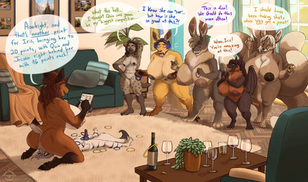 alcohol anthro anus areola balls beverage big_breasts big_butt breasts butt carpet casual_nudity casual_sex champagne champagne_bottle clapping container cunnilingus cup detailed_background dialogue dominant dominant_female drinking_glass ear_piercing ear_ring erection facesitting feet female female_dominating_male fingers fur furniture genitals gesture glass glass_container glass_cup group hair hand_gesture holding_note_pad holding_object holding_pen holding_writing_utensil hoop huge_breasts humanoid_genitalia humanoid_penis humor hyper hyper_breasts inside larger_female living_room lying lying_on_ground male membrane_(anatomy) membranous_wings nipples notebook nude nude_anthro nude_female nude_male on_back on_ground open_mouth oral pen penis piercing pillow playing ring_piercing ring_toss sex sex_game sitting sitting_on_another size_difference smaller_male smile sofa speech_bubble standing submissive submissive_male tail text thick_thighs thumbs_up toes vaginal vulva wall_(structure) wine_glass wings writing_utensil oddthesungod adira_(zwerewolf) iris_(zwerewolf) izzi_(zwerewolf) jocosa_(zwerewolf) quin_(zwerewolf) zal_(zwerewolf) zuri_(zwerewolf) bat canid canine canis deer felid fox hyena kangaroo lagomorph leporid macropod mammal marsupial pantherine rabbit spotted_hyena tiger wolf 2025 colored digital_drawing_(artwork) digital_media_(artwork) english_description english_text hi_res
