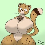 anthro between_breasts big_breasts breast_squish breasts dialogue duo female heart_symbol huge_breasts larger_female male male/female simple_background size_difference smaller_male squish thick_thighs zerocloak canid canine cheetah felid feline mammal hi_res