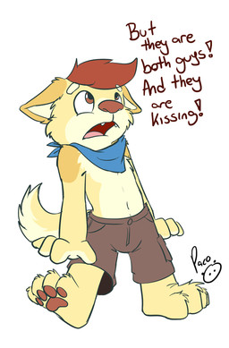 anthro arm_tuft blue_kerchief blue_neckerchief bottomwear brown_bottomwear brown_clothing brown_eyes brown_hair brown_pawpads brown_shorts cheek_tuft clothing ears_back facial_tuft fangs front_view fur glistening glistening_eyes hair kerchief logo male navel neckerchief neckwear open_mouth pawpads pink_tongue pivoted_ears shorts shoulder_tuft simple_background standing teeth tongue tuft white_background yellow_body yellow_fur young young_anthro young_male pandapaco canid canine mammal artist_logo hi_res signature