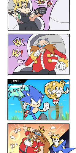 alternate_species anthro big_breasts blonde_hair blue_eyes breasts collar crossgender crown ellipsis female green_eyes hair headgear humanoidized humor male shocked spikes super_crown what why spideyhog bowsette_meme mario_bros nintendo sega sonic_the_hedgehog_(series) bowser dr._eggman mario miles_prower sonic_the_hedgehog animal_humanoid canid canine fox ghost human humanoid koopa mammal scalie spirit 4koma comic crossover hi_res meme
