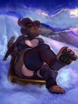 anthro big_breasts black_pawpads breasts butt clothing female hair legwear looking_at_viewer outside pawpads purple_hair red_eyes sitting sled smile snow solo stockings tail general-irrelevant mythology carne_asada dragon mythological_creature mythological_scalie scalie 3:4 absurd_res hi_res