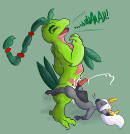 abdominal_bulge anthro bodily_fluids cum duo excessive_cum excessive_genital_fluids feral genital_fluids male male/male size_difference taloncreature nintendo pokemon talon_grovyle deer generation_3_pokemon grovyle humanoid mammal pokemon_(species) absurd_res hi_res