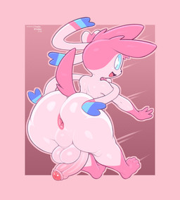 4_toes anthro anthrofied anus backsack balls big_balls big_butt big_penis blue_sclera blush body_blush border bottom_heavy butt feet femboy foreskin fur genitals glans gloves_(marking) gradient_penis huge_butt huge_thighs humanoid_genitalia humanoid_penis leg_markings looking_at_viewer looking_back looking_back_at_viewer male markings motion_lines nude open_mouth open_smile paws penis penis_backwards penis_blush perineum pink_anus pink_background pink_body pink_fur pink_glans pink_penis pokemorph presenting presenting_hindquarters raised_tail rear_view ribbons simple_background smile socks_(marking) solo spread_butt spreading tail text thick_thighs toes white_body white_eyes white_fur frumples nintendo patreon pokemon eeveelution generation_6_pokemon mammal pokemon_(species) sylveon 2022 artist_name dated digital_drawing_(artwork) digital_media_(artwork) signature