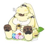 anthro belt digitama egg fluffy fur group hair hair_over_eyes long_ears male pawpads ponytail_ears sitting yellow_body yellow_fur ooelderfan bandai_namco digimon angoramon botamon digimon_(species) pyonmon 1:1