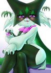 3_fingers anthro black_eyebrows blep blush blush_lines breast_curtains breasts cheek_tuft claws crossed_legs eyebrows eyelashes facial_tuft fangs female female_anthro finger_claws fingers flower front_view green_body green_claws looking_at_viewer medium_breasts pawpads pink_eyes pink_flower pink_nose pink_pawpads pink_tongue plant simple_background sitting snout solo teeth thick_thighs tongue tongue_out tuft white_background hassylep nintendo pokemon elemental_creature felid feline flora_fauna generation_9_pokemon mammal meowscarada pokemon_(species) 2023 absurd_res hi_res