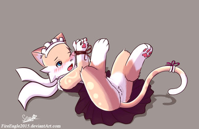 accessory blush bound bow_(feature) bow_accessory bow_ribbon clothing crotch_tuft digitigrade featureless_crotch female feral furgonomics heart_symbol lying maid_uniform moan ribbons rope scarf semi-anthro shadow simple_background solo string submissive submissive_female tail tail_accessory tail_bow tail_ribbon text tuft uniform senz domestic_cat felid feline felis mammal 2016 hi_res url
