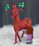 ambiguous_gender brown_hair clothed clothing duo eyes_closed feral fully_clothed gift hair mandibles misleading_thumbnail outside plant size_difference tree what kyoobot undertale undertale_(series) frisk_(undertale) gyftrot deer human mammal