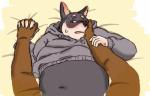 bed belly blush brown_body brown_fur clothing duo fur furniture hand_holding hoodie humanoid_hands kemono lying male navel overweight overweight_male solo_focus topwear rentcg canid canine mammal 2016