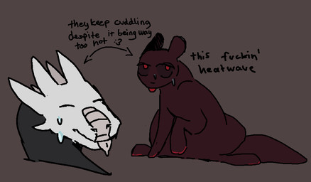 bodily_fluids duo feral horn raised_arm red_body red_eyes sitting sweat tail text tongue tongue_out white_head mvmvrkio rain_world videocult lover_(mvmvrkio) sidestep_(mvmvrkio) black_lizard_(rain_world) lizard lizard_(rain_world) reptile scalie slugcat