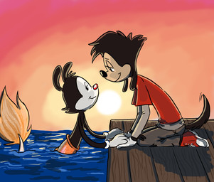 anthro clothed clothing duo eye_contact gloves half-closed_eyes hand_holding handwear kneeling looking_at_another male male/male mermaidification narrowed_eyes split_form sunset panicsketches animaniacs disney goof_troop warner_brothers max_goof yakko_warner aquatic canid canine canis domestic_dog inkblot mammal merfolk absurd_res hi_res