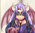 arumaeruma big_breasts breasts camel_toe cleavage clothed clothing collar female hair horn looking_at_viewer membrane_(anatomy) membranous_wings monster_girl_(genre) not_furry panties purple_hair red_eyes skimpy solo tail tail_mouth underwear unusual_anatomy unusual_tail wings frfr monster_girl_encyclopedia monster_girl_quest alma_elma demon humanoid