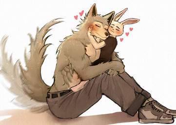 anthro black_nose blush bottomwear clothed clothed_anthro clothed_female clothed_male clothing duo female footwear fur grey_body grey_fur hug interspecies interspecies_romance larger_male male male/female pants romantic romantic_ambiance romantic_couple shoes sitting size_difference smaller_female smile sneakers tail tail_motion tailwag topless topless_anthro topless_male white_body white_fur minnaehyun beastars haru_(beastars) legoshi_(beastars) canid canine canis domestic_rabbit dwarf_rabbit lagomorph leporid mammal oryctolagus rabbit wolf hi_res