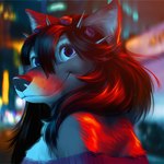 1:1 2021 anthro black_hair black_nose blue_eyes blurred_background breasts canid canine canis clothed clothing detailed_background digital_media_(artwork) female fur hair hi_res mammal night outside smile solo wayn_animation wolf