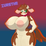 anthro anthrofied areola big_areola big_breasts breasts brown_tail female gradient_background grin horn huge_breasts kerchief neckerchief neckwear nipples nude pink_areola pink_nipples red_kerchief red_neckerchief simple_background smile solo tail thick_thighs zureth!! them's_fightin'_herds arizona_cow_(tfh) bovid bovine cattle mammal 1:1 artist_name digital_media_(artwork) hi_res portrait three-quarter_portrait