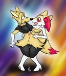 2021 after_transformation anthro blonde_hair blush boots braixen breasts clothing conjoined cute_fangs female footwear fur generation_1_pokemon generation_6_pokemon hair hi_res high_heeled_boots high_heels kadabra moldyloam multi_body nintendo open_mouth pigeon_toed pokemon pokemon_(species) red_eyes solo standing surprise tail white_clothing white_footwear white_high_heels yellow_body yellow_fur