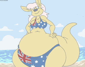 anthro australian_flag australian_flag_bikini beach belly big_belly big_breasts bikini bikini_bottom bikini_top blue_eyes bottom_heavy bottomwear breasts clothing cloud female flag_bikini flag_swimwear fur hair overweight overweight_anthro overweight_female pear-shaped_figure pink_hair sand sky solo swimwear thick_thighs topwear two-piece_swimsuit water wide_hips yellow_body yellow_fur virus-20 kelly-roo kangaroo macropod mammal marsupial 2020 digital_media_(artwork)