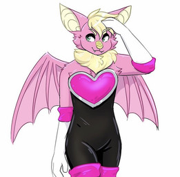 ambiguous_gender anthro blonde_eyebrows blonde_hair clothed clothing cosplay costume eyebrows fur green_eyes hair hand_on_head looking_away membrane_(anatomy) membranous_wings multicolored_body multicolored_fur pink_body pink_fur raised_arm simple_background solo white_background wings yellow_nose fleurfurr sega sonic_the_hedgehog_(series) rouge_the_bat bat mammal 2020 character_request digital_media_(artwork) shaded