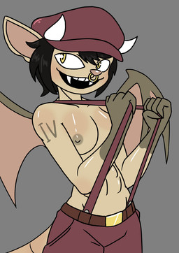 abs anthro belt big_breasts black_hair bodily_fluids bottomwear breasts clothed clothing facial_piercing fangs female green_eyes green_nipples grey_background hair hat headgear headwear horn looking_at_viewer membrane_(anatomy) membranous_wings nipples nose_piercing nose_ring open_mouth pants piercing ring_piercing simple_background smile solo suspenders tail tattoo teeth topless wings yellow_eyes bruhmynameisdylan nsfwinthedark deadlock_(game) valve valve_corporation ivy_(deadlock) felid gargoyle mammal pantherine 2026 absurd_res digital_media_(artwork) hi_res