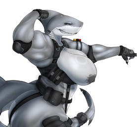 anthro areola barbell_piercing barcode barcode_tattoo biceps big_breasts big_butt black_areola black_lips black_sclera blotchy_areola breasts butt claws clothing earless female fin finger_claws fingerless_gloves fingers flexing forearm_muscles freckled_breasts freckled_chest freckled_face freckles gills glistening glistening_body glistening_eyes glistening_skin gloves grey_body grey_eyes handwear lips looking_at_viewer mature_female multicolored_body muscular muscular_anthro muscular_female nipple_piercing nipples piercing shark_tail simple_background smile solo standing tactical_belt tactical_gear tactical_gloves tactical_load_carring_vest tail tail_fin tattoo tattoo_on_neck teeth thick_thighs triceps white_background white_body wide_hips ech0shark anna_karharova aquatic fish shark digital_media_(artwork)