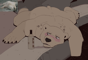 alcohol anthro beverage blush butt claws detailed_background drunk facial_hair fur lying male muscular muscular_male nude nude_male on_front open_mouth outside sad solo spread_legs spreading stocky substance_intoxication tail white_body thebearalliance bear mammal polar_bear ursine 2023 digital_media_(artwork) hi_res photography_(artwork)
